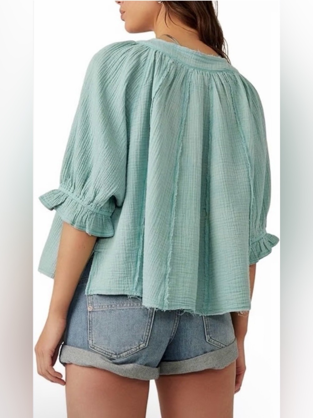 We The Free Lucy Solid Gauze 100% Cotton Button-Down Swing Top Blue Surf Size M - Picture 4 of 9